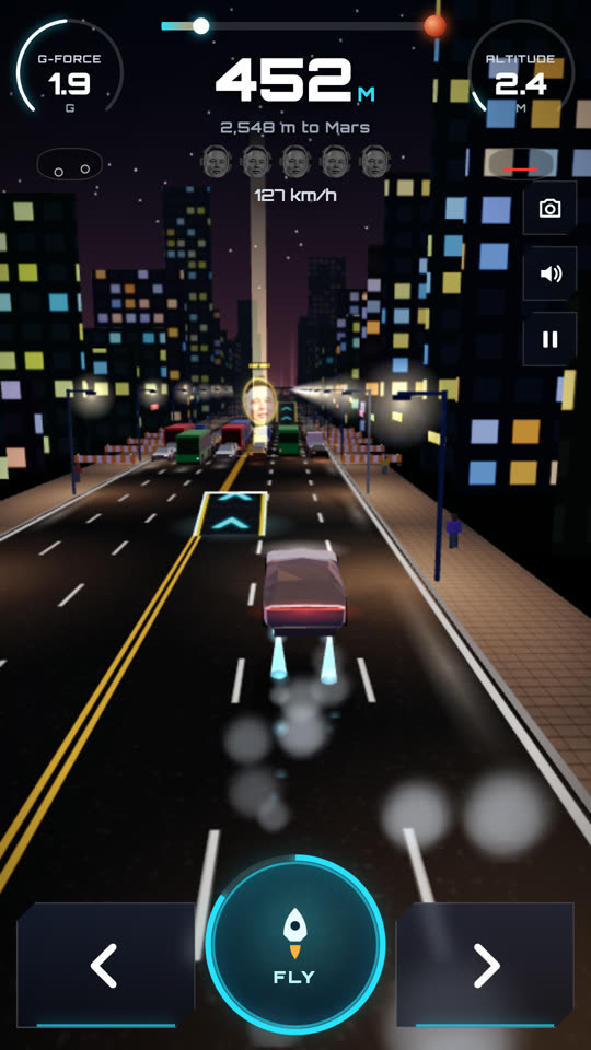 Flying Roadster firing its air thrusters over a traffic jam